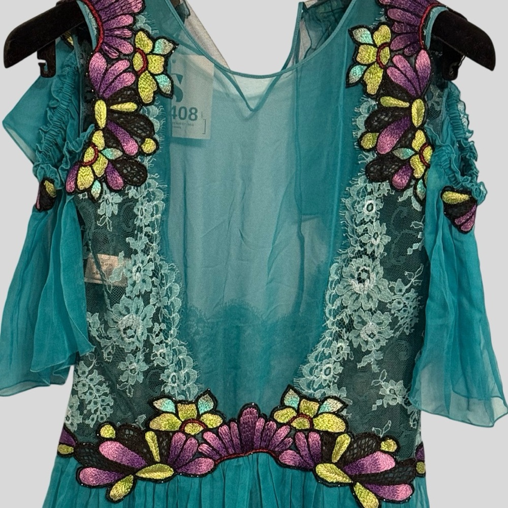 Alberta Ferretti Teal Lace & Embroidered Chiffon Dress — Size 2 / IT 38 - Picture 4 of 10